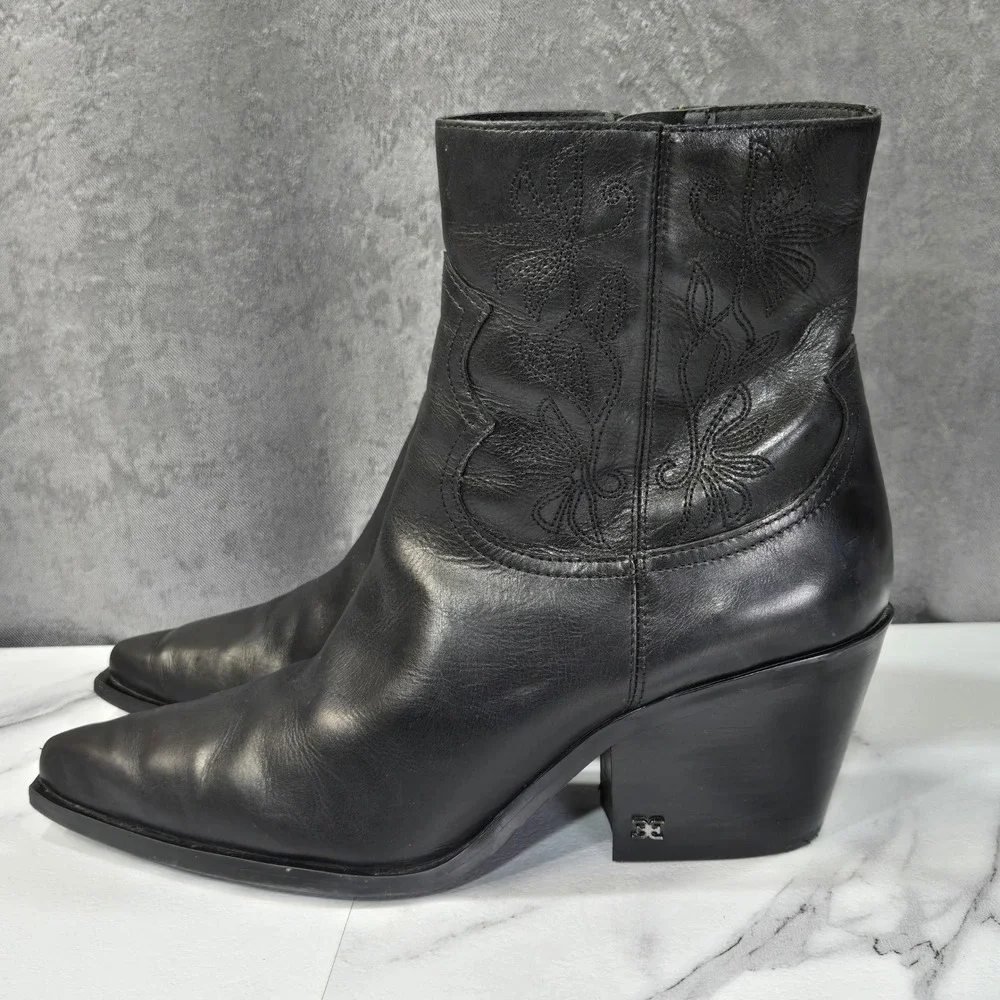 Sam Edelman Wilda Western Boots Womens 9 Black Leather Embroidered Pointed Ankle